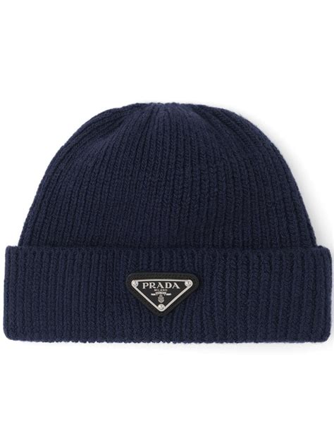 Prada Prada Knitted Beanie In Navy Blue Wool 